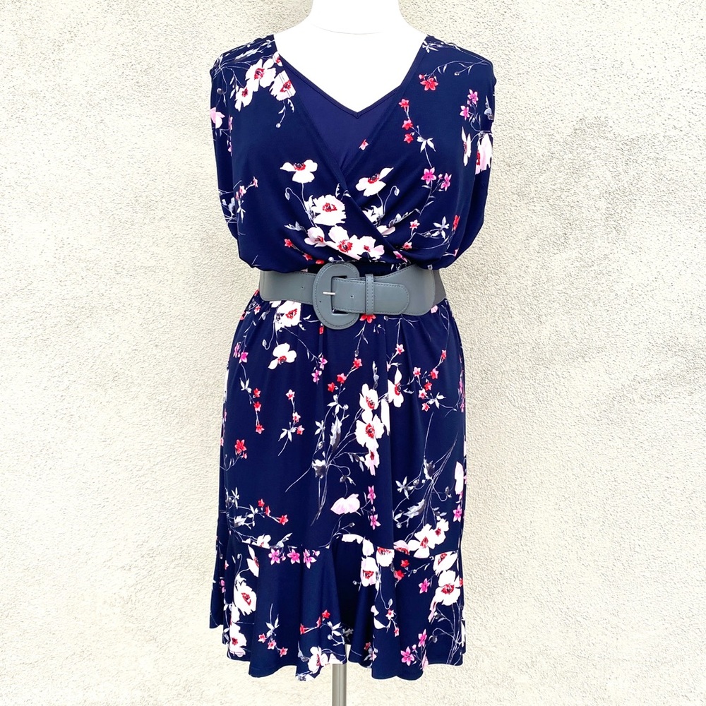 ELIZA J floral print dress navy blue faux wrap front trumpet skirt plus size 16W - Picture 2 of 16